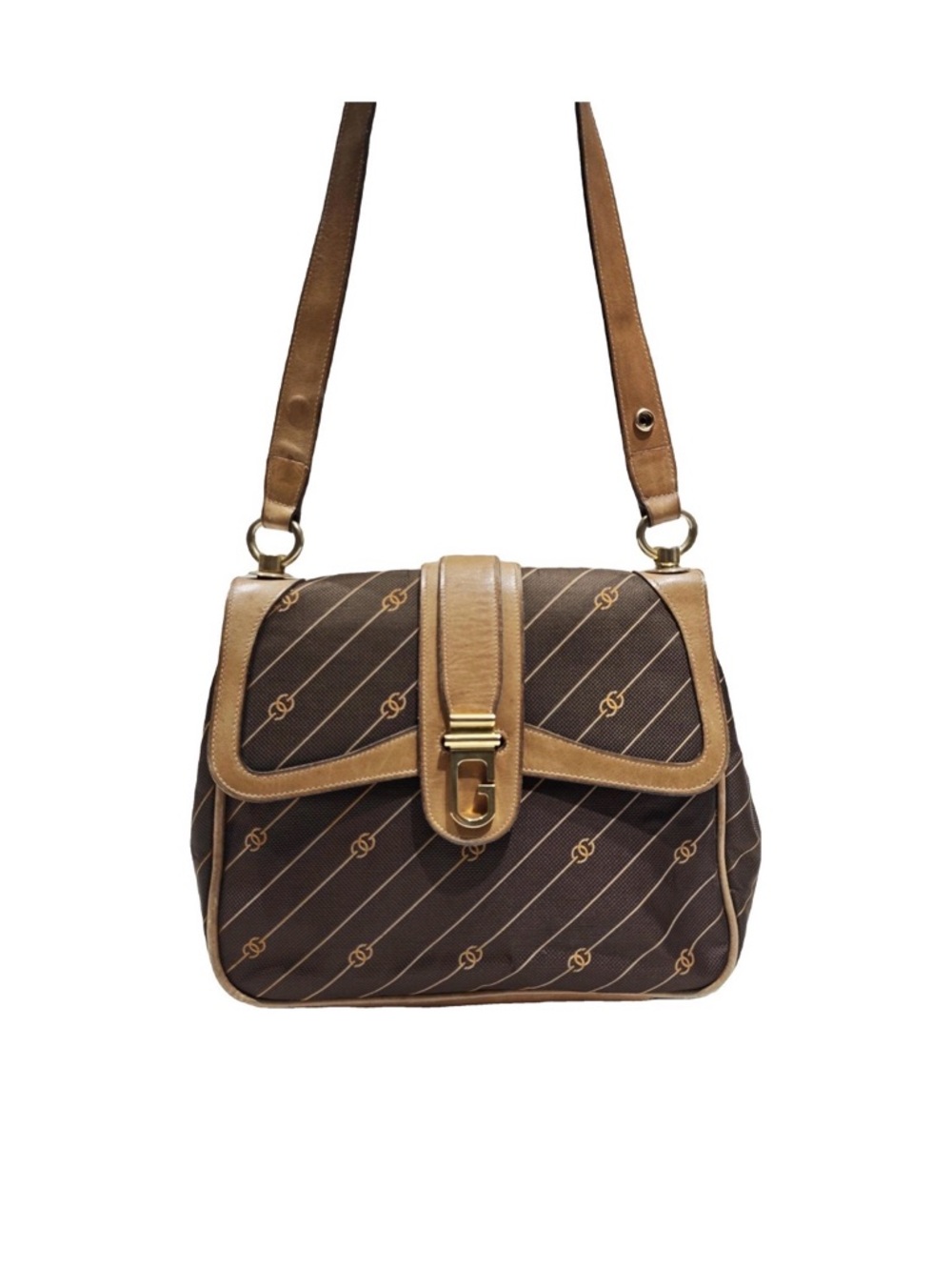 GUCCI Canvas Shoulder Bag Leather Trim Vintage Flap Brown Classic Medium
